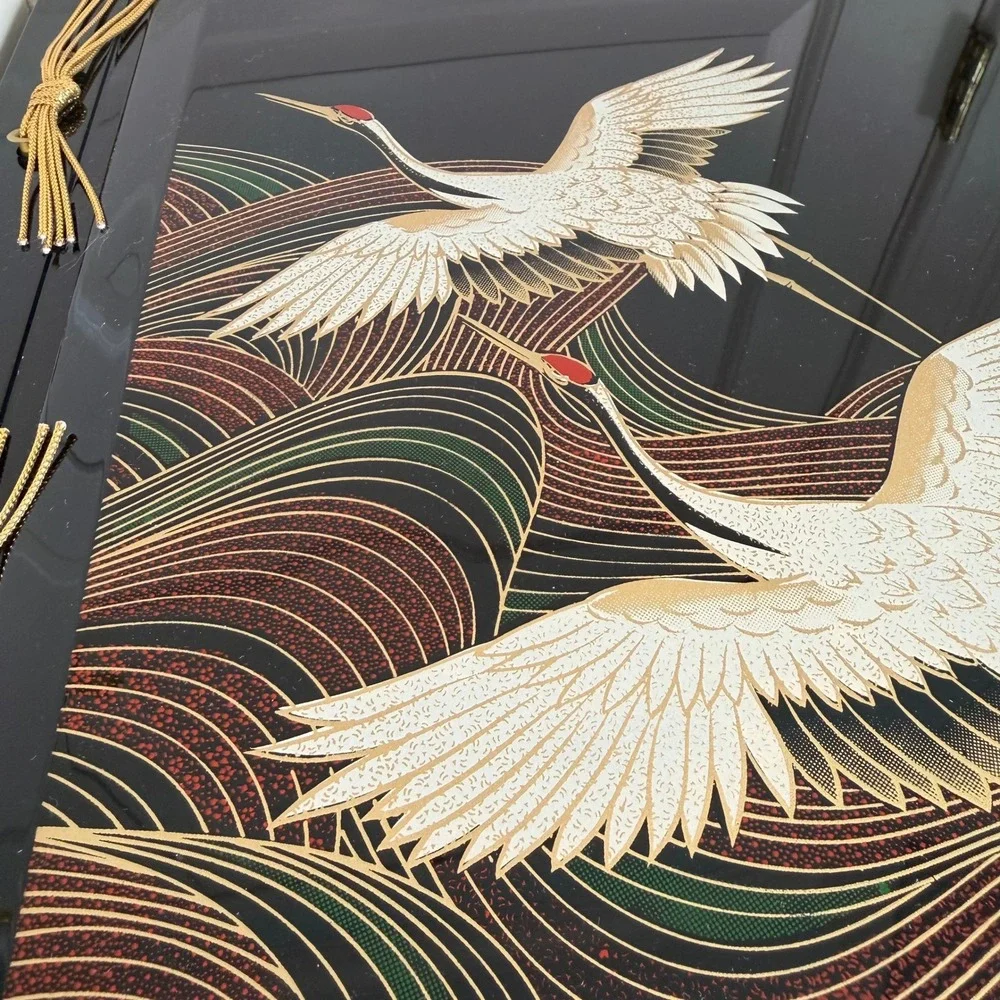 Vintage Japanese Lacquer Photo Album Flying Cranes Gold